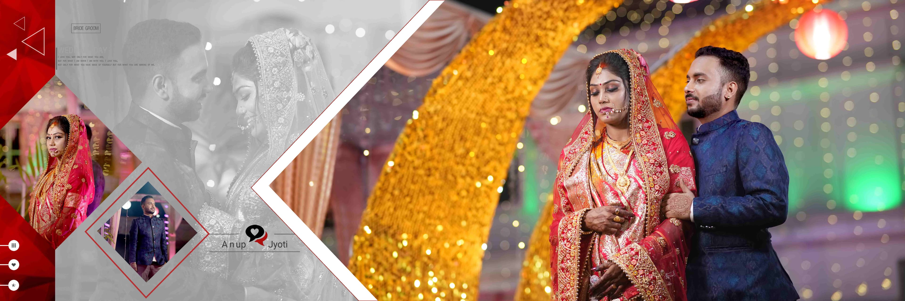 A joyful couple in traditional wedding attire, smiling at each other amidst a beautiful outdoor setting