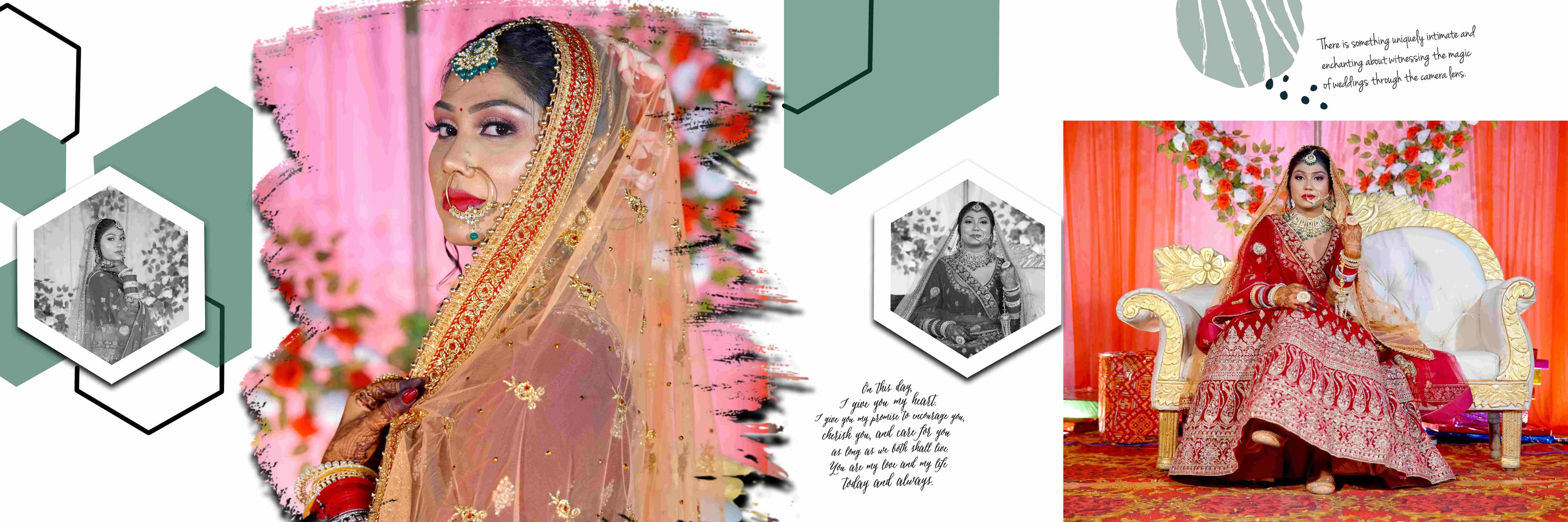 A beautiful collage showcasing a bride in stunning traditional Indian attire, radiating joy and elegance in each image